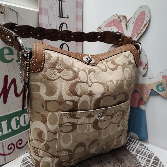 🤎 Vintage GUC Coach Signature Woven Beige Folding, Chelsea Soho Hobo Bag-10990 - Picture 3 of 14